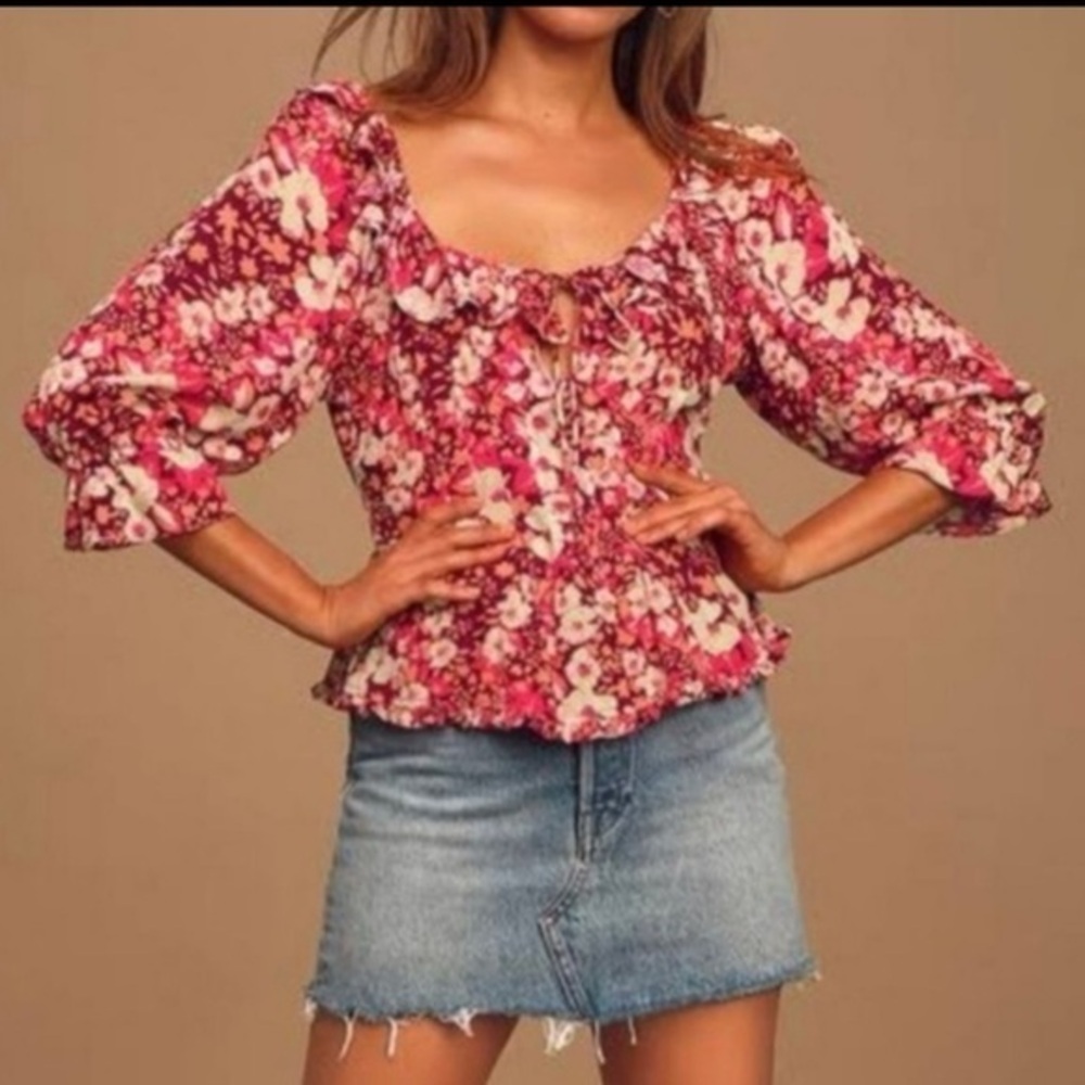 Free People Sweet Memories Floral Blouse Ruffle Smocked Bodice Size XL EUC #2054